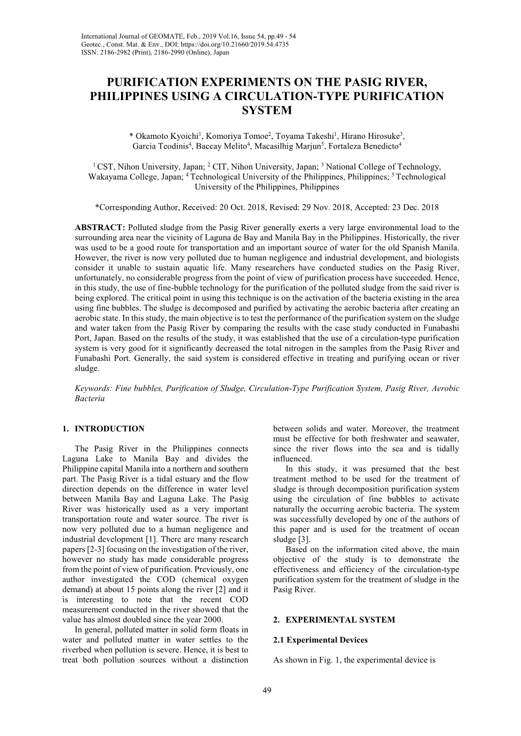 Purification Experiments on the Pasig River, Philippines Using a Circulation-Type Purification System