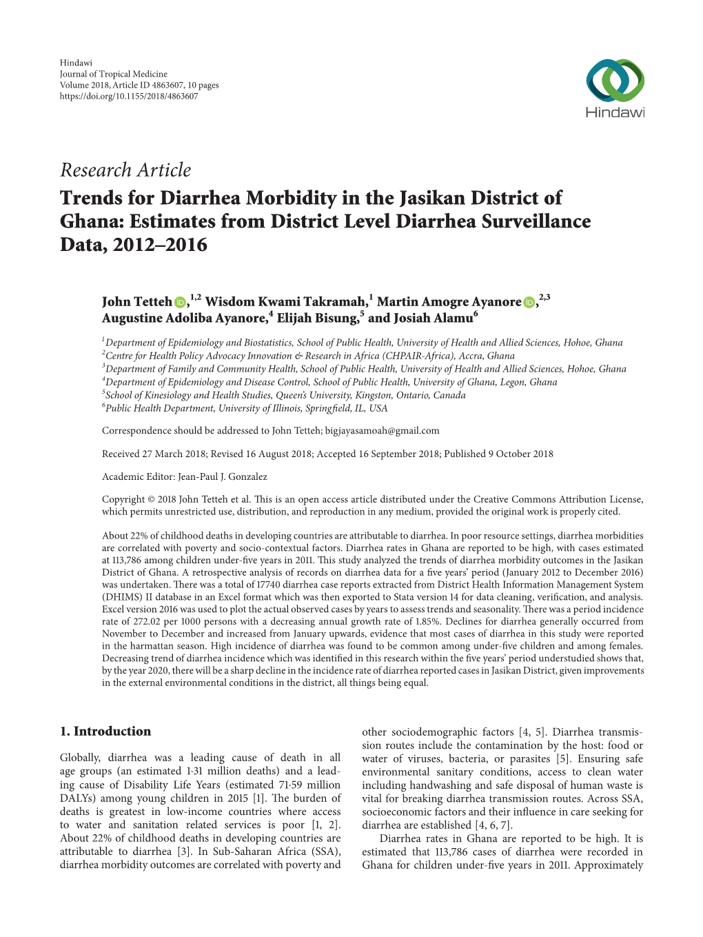 Trends for Diarrhea Morbidity in the Jasikan District of Ghana: Estimates from District Level Diarrhea Surveillance Data, 2012–2016