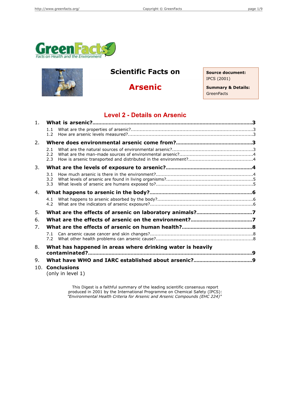 Arsenic Summary & Details: Greenfacts