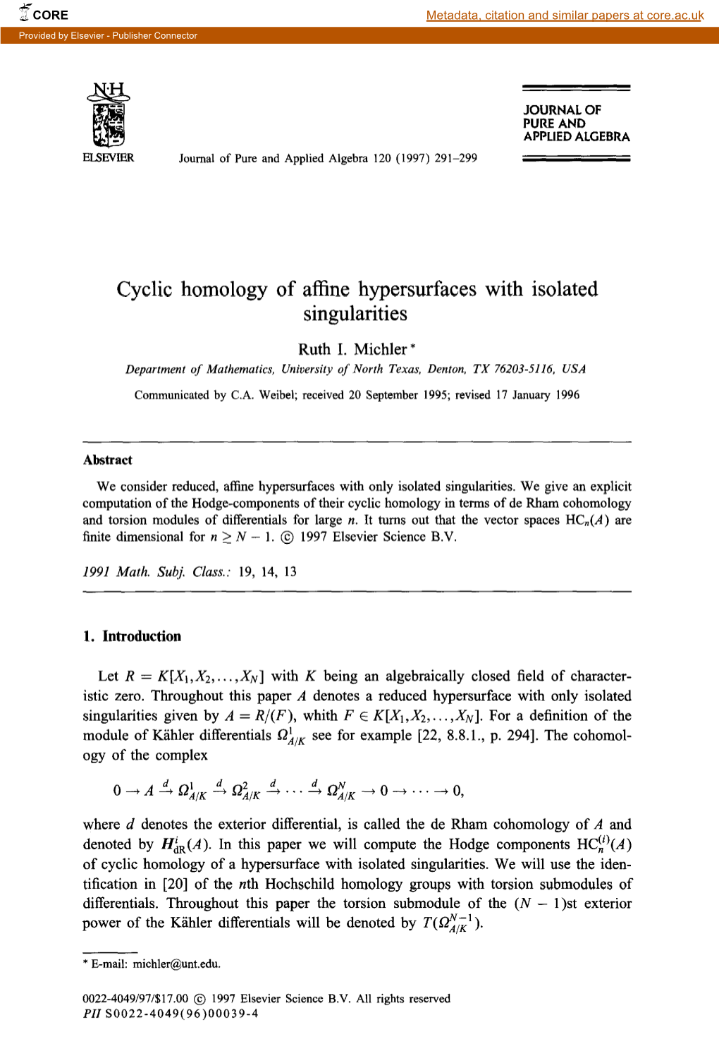 Cyclic Homology of Affine Hypersurfaces with Isolated Singularities