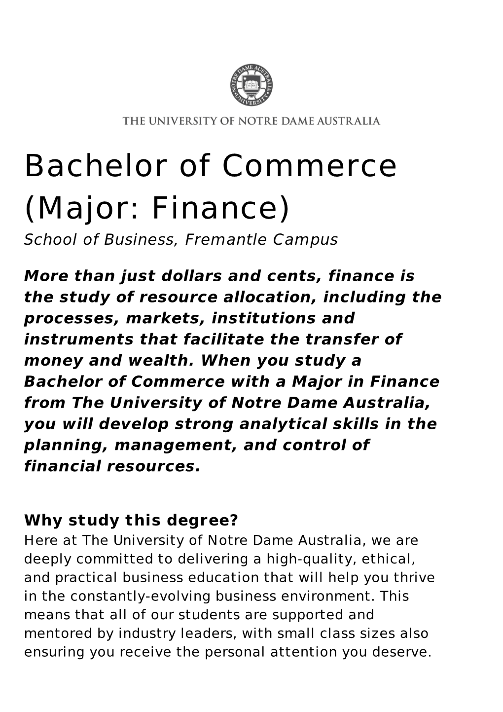 Bachelor of Commerce (Major: Finance) School of Business, Fremantle Campus