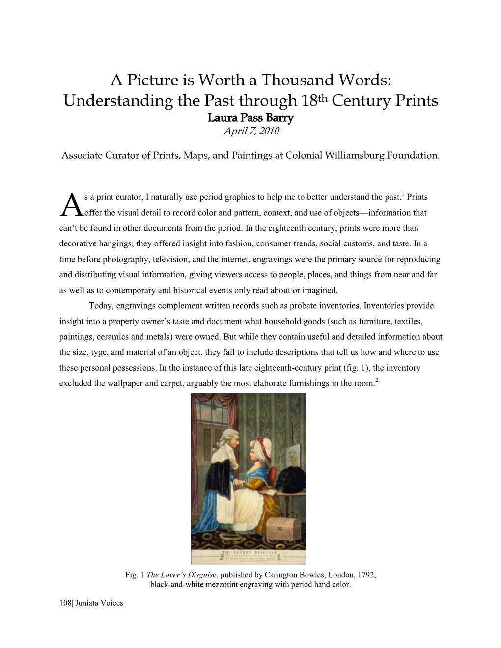 Understanding the Past Through 18Th Century Prints Laura Pass Barry April 7, 2010