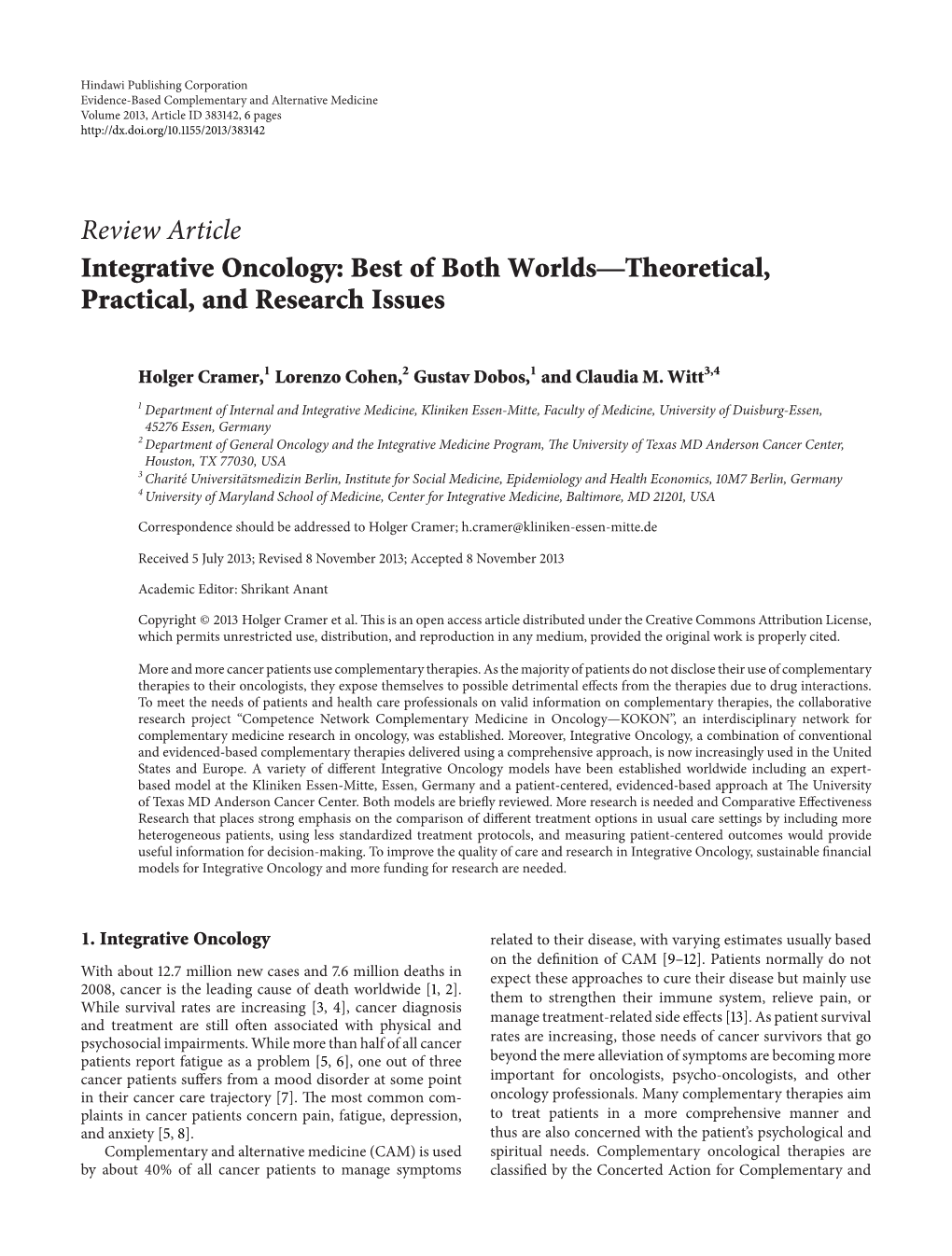 Integrative Oncology: Best of Both Worlds—Theoretical, Practical, and Research Issues