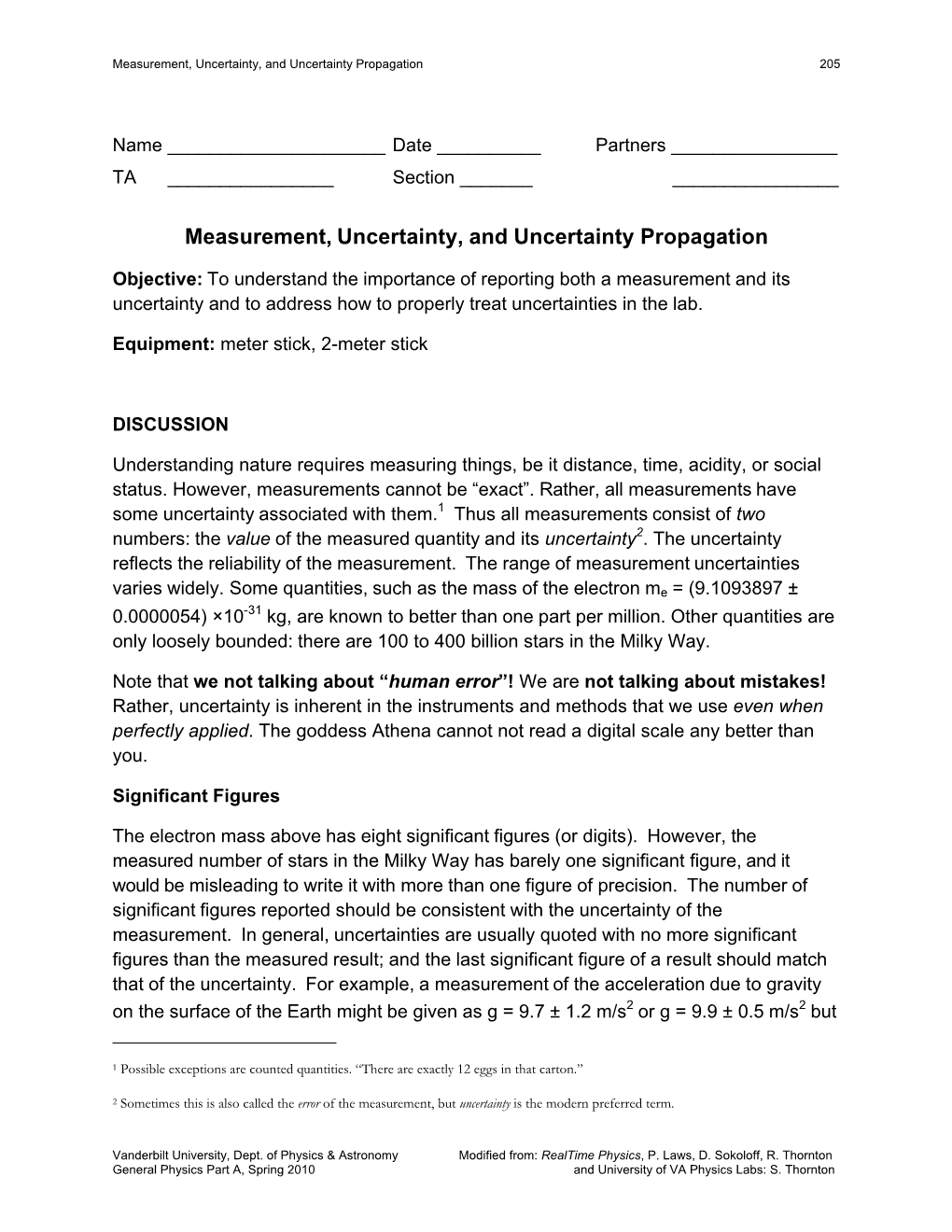 Measurement, Uncertainty, and Uncertainty Propagation 205
