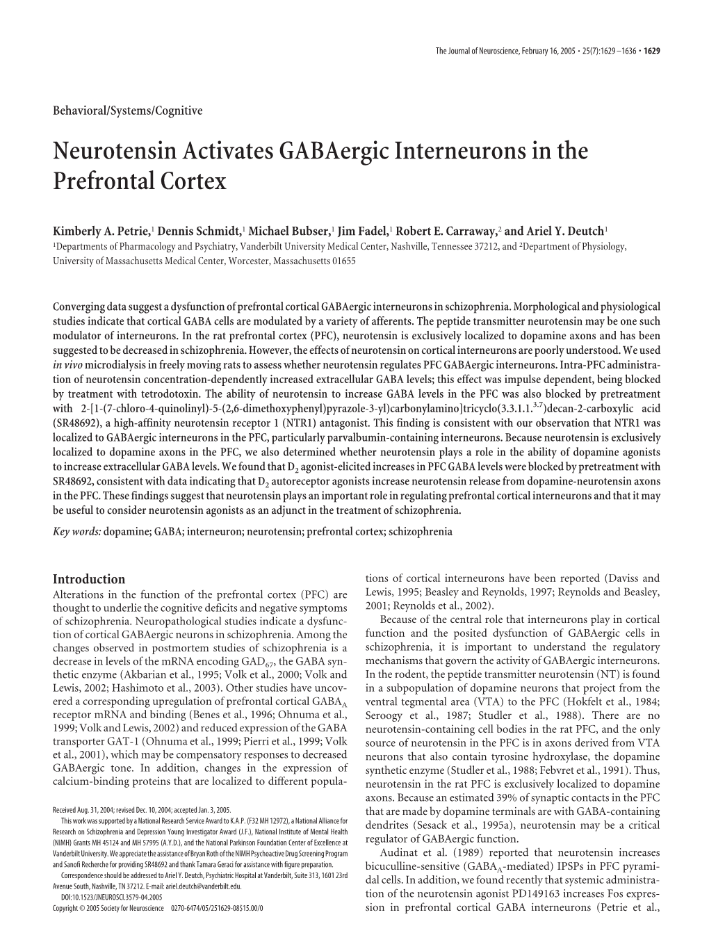 Neurotensin Activates Gabaergic Interneurons in the Prefrontal Cortex