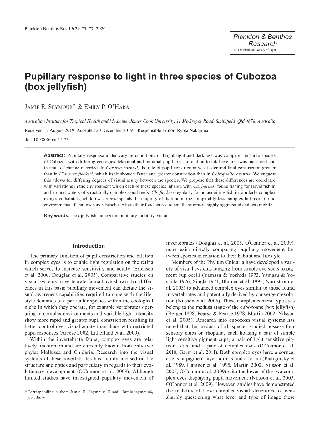 Pupillary Response to Light in Three Species of Cubozoa (Box Jellyfish)