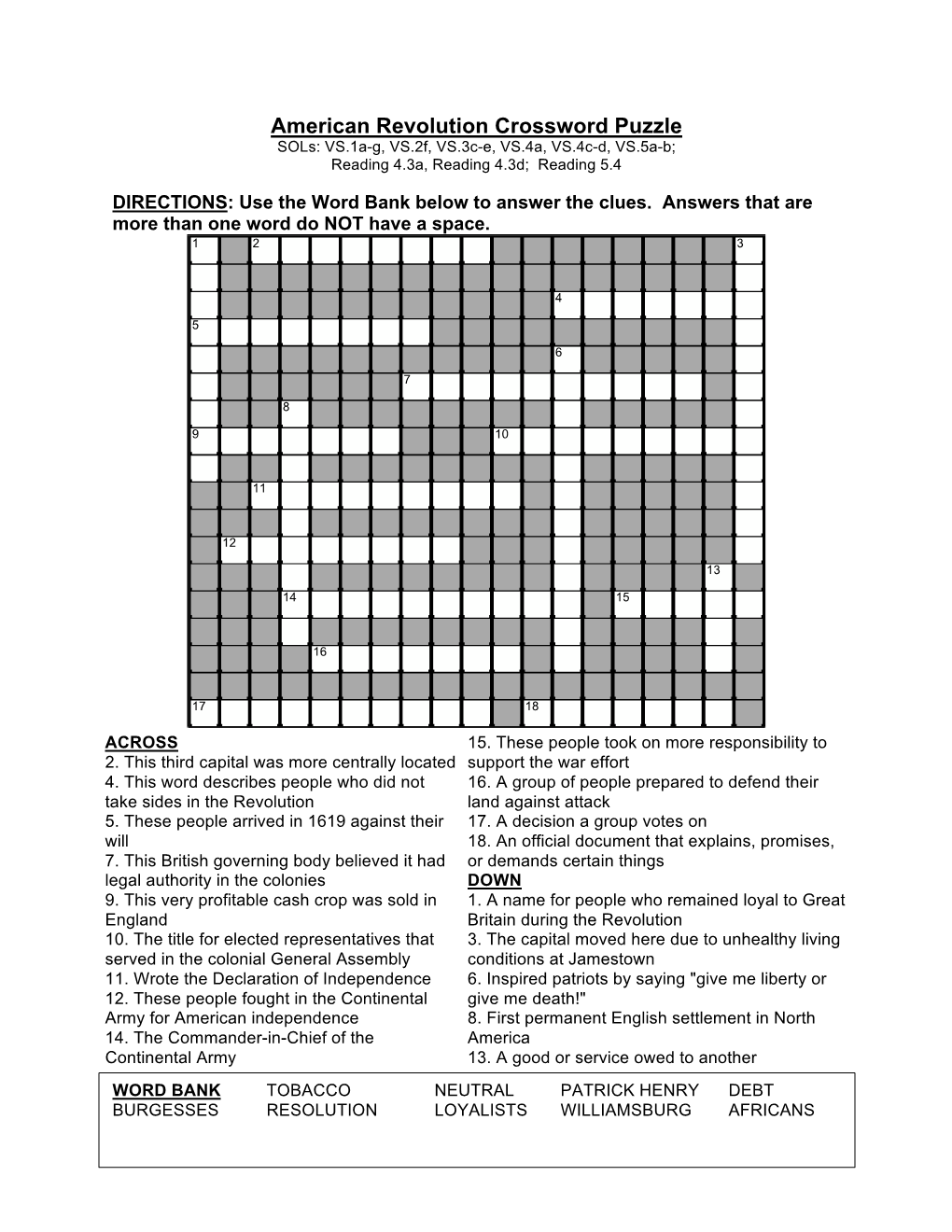 American Revolution Crossword Puzzle Sols: VS.1A-G, VS.2F, VS.3C-E, VS.4A, VS.4C-D, VS.5A-B; Reading 4.3A, Reading 4.3D; Reading 5.4