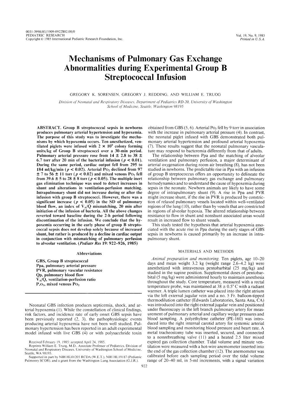 Mechanisms of Pulmonary Gas Exchange Abnormalities During Experimental Group B Streptococcal Infusion