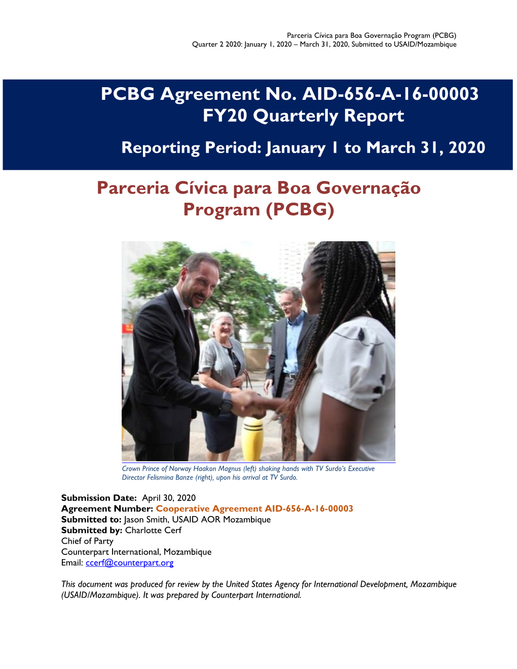 PCBG) Quarter 2 2020: January 1, 2020 – March 31, 2020, Submitted to USAID/Mozambique