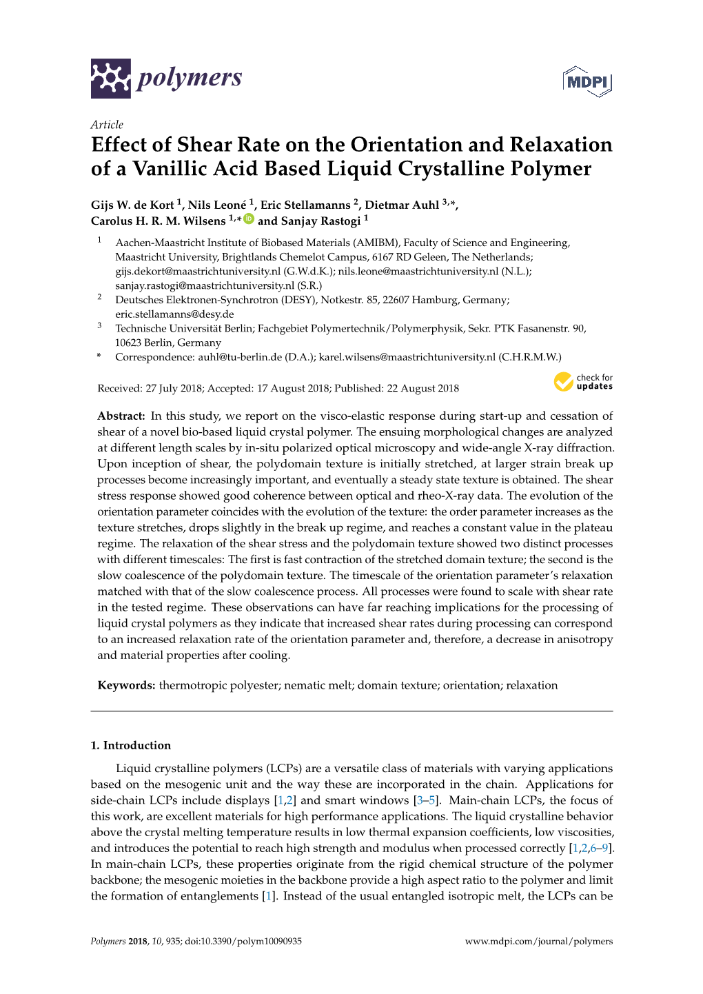 Effect of Shear Rate on the Orientation and Relaxation of a Vanillic Acid Based Liquid Crystalline Polymer