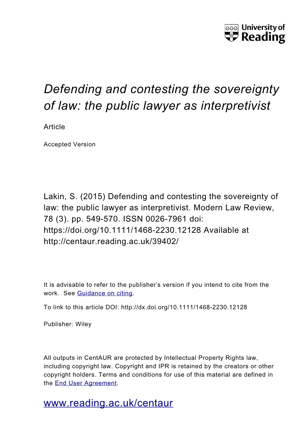 Defending and Contesting the Sovereignty of Law: the Public Lawyer As Interpretivist