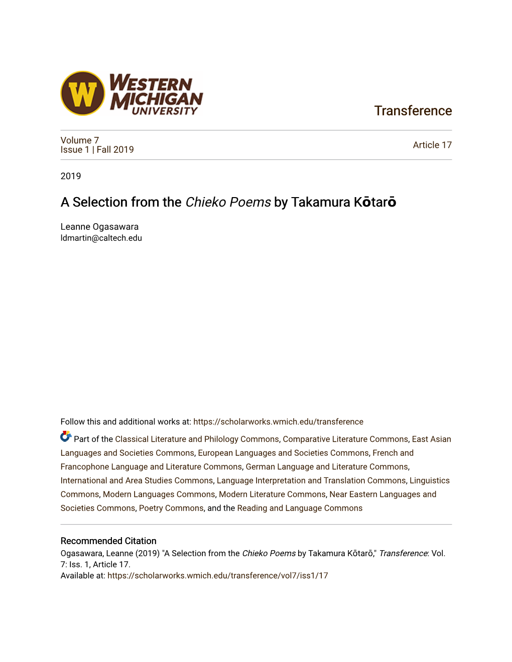 Transference a Selection from the a Selection from the Chieko Poems