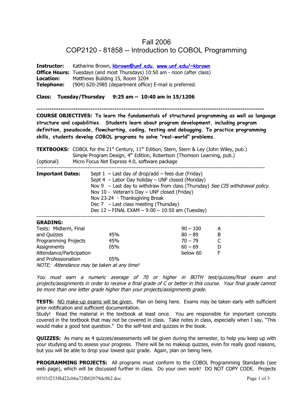 COP 2120 Introduction to COBOL Programming Fall 2001