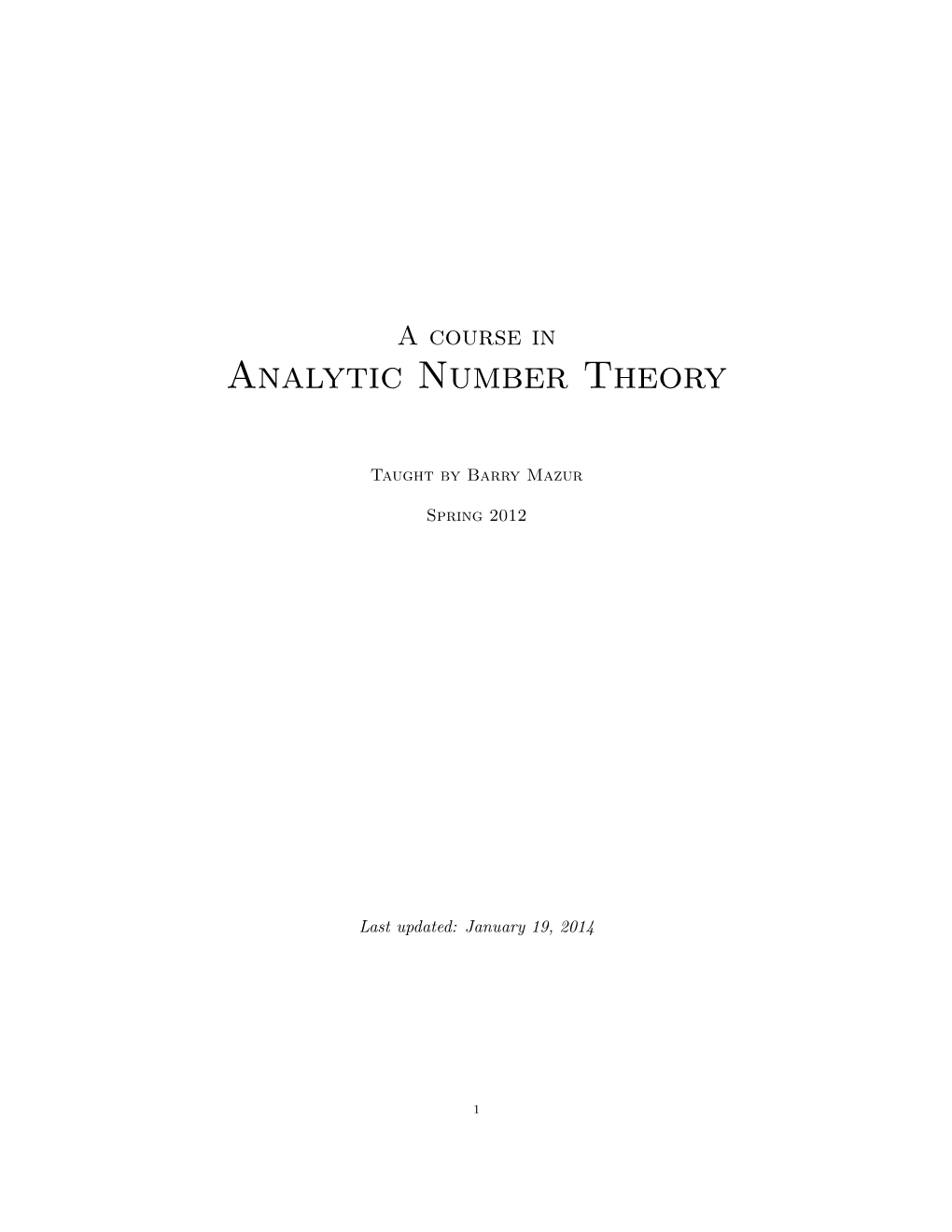 Analytic Number Theory