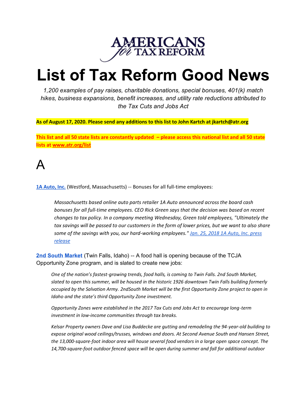 List of Tax Reform Good News