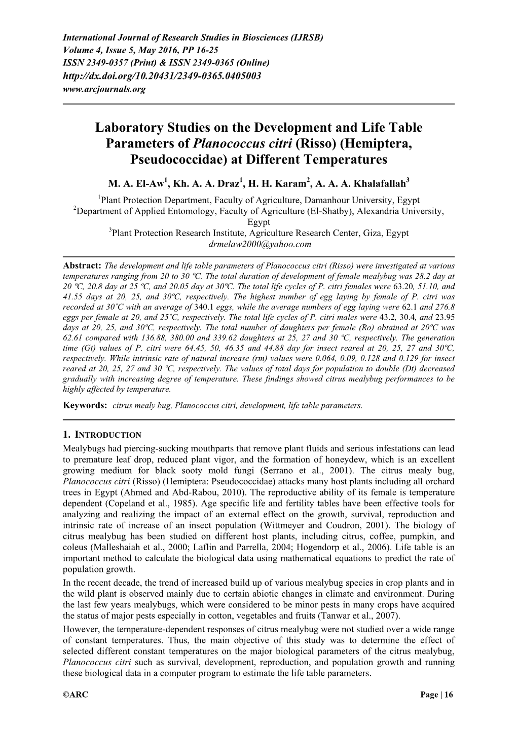 Laboratory Studies on the Development and Life Table Parameters of Planococcus Citri (Risso) (Hemiptera, Pseudococcidae) at Different Temperatures