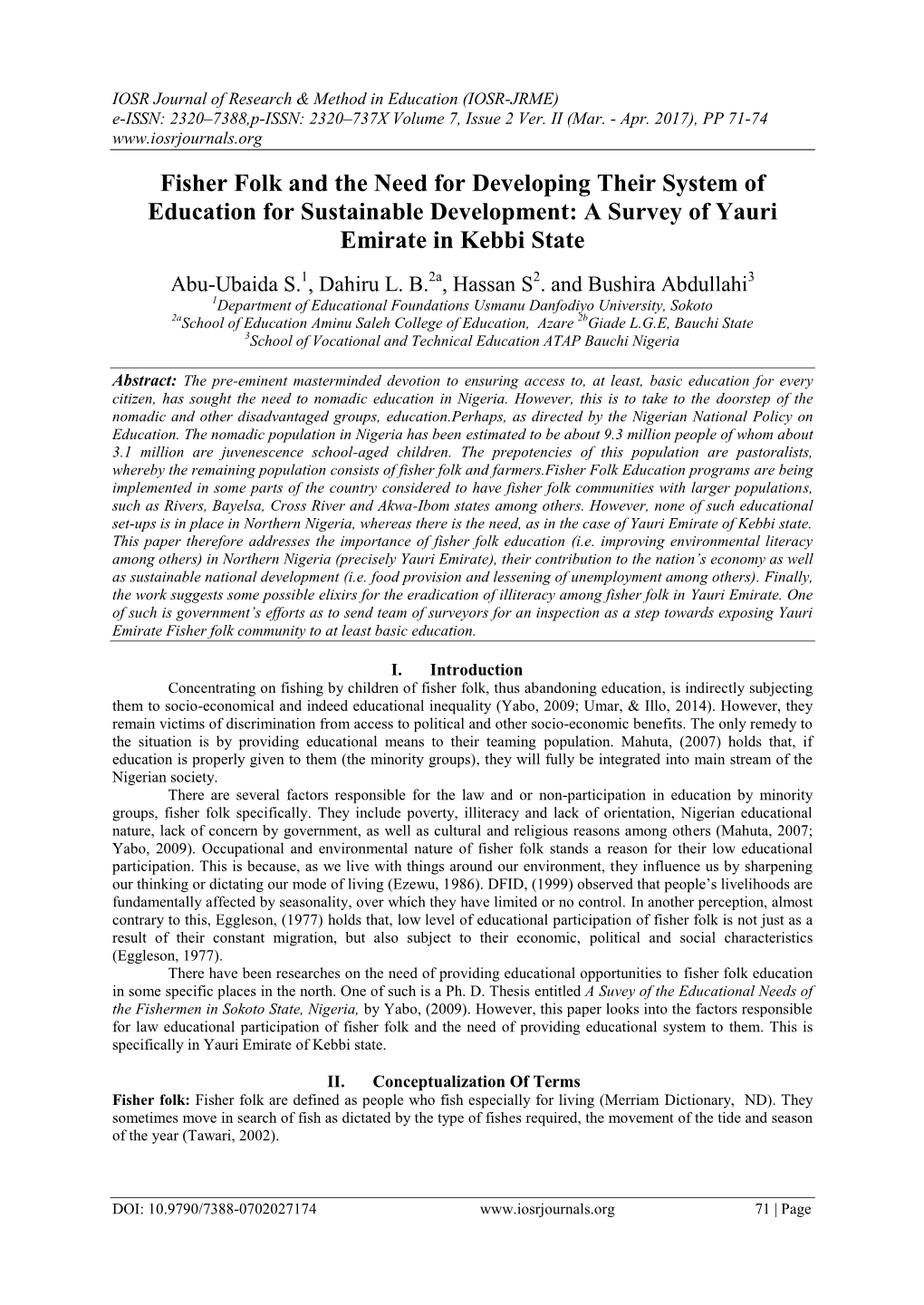 Fisher Folk and the Need for Developing Their System of Education for Sustainable Development: a Survey of Yauri Emirate in Kebbi State