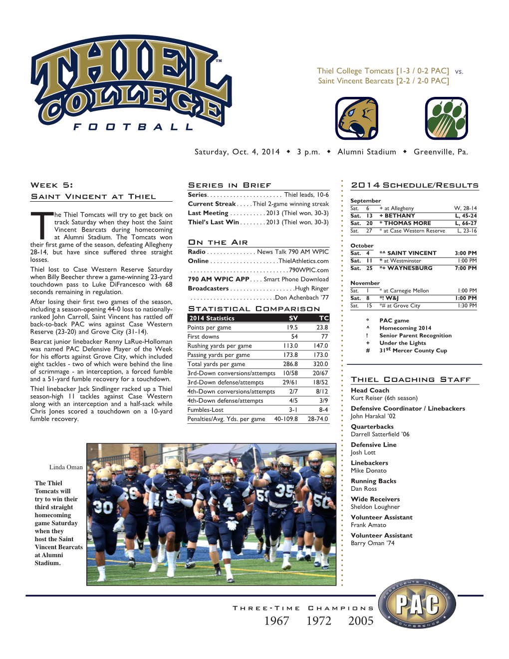2014 Schedule/Results Thiel Coaching Staff Week 5: Saint Vincent at Thiel Statistical Comparison Series in Brief on The
