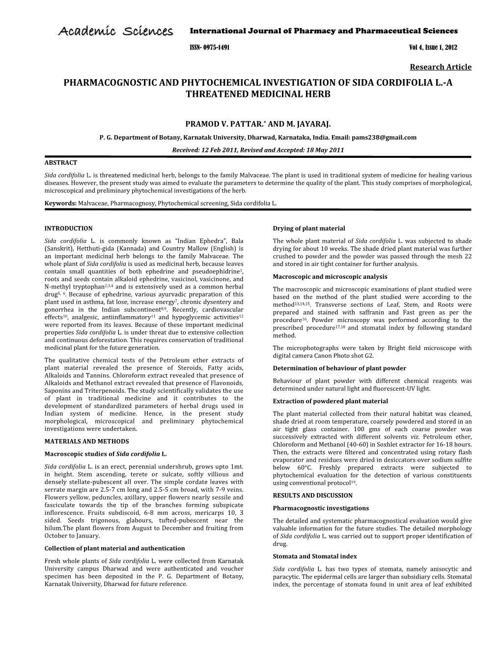 Pharmacognostical and Phytochemical Investigation of Sida