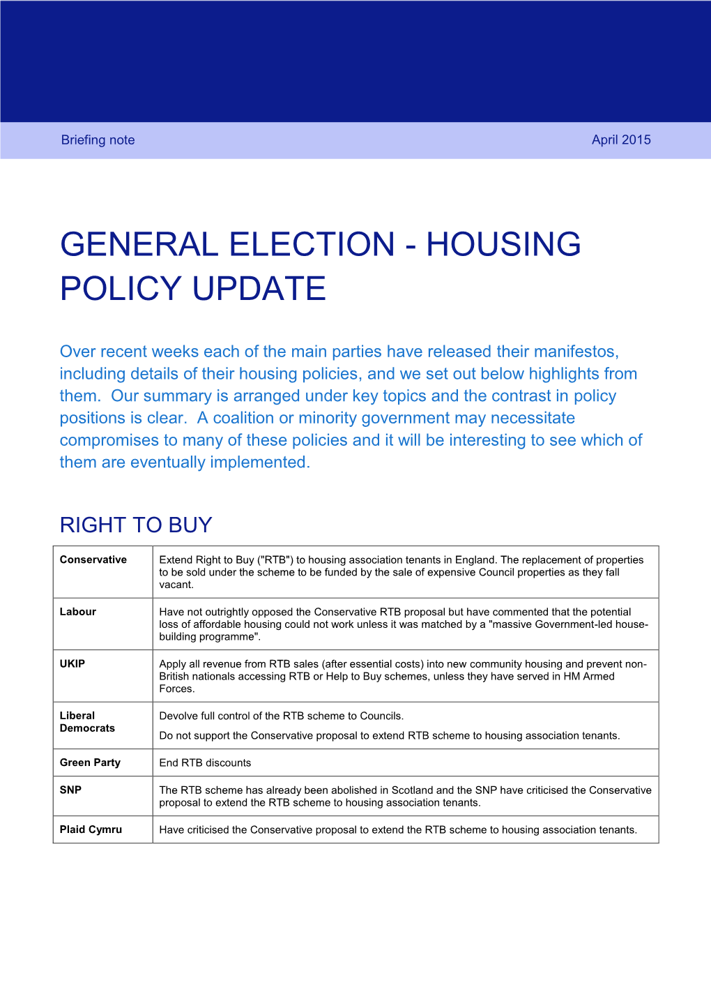General Election - Housing Policy Update 1