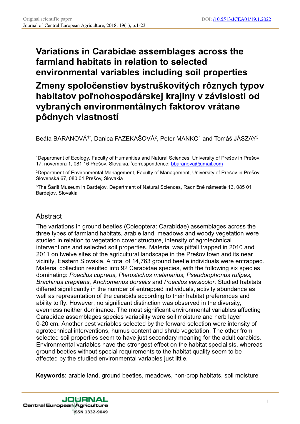 Variations in Carabidae Assemblages Across The