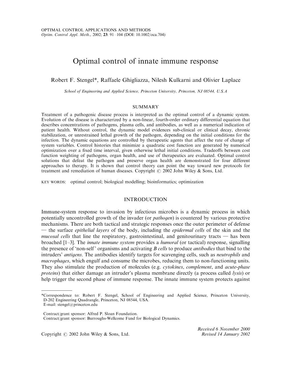 Optimal Control of Innate Immune Response