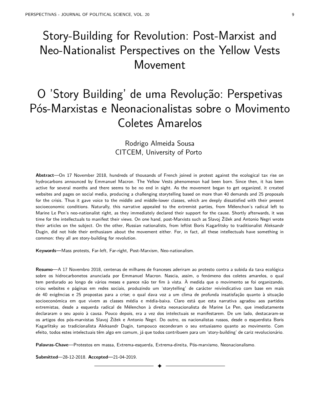 Story Building’ De Uma Revolução: Perspetivas Pós-Marxistas E Neonacionalistas Sobre O Movimento Coletes Amarelos