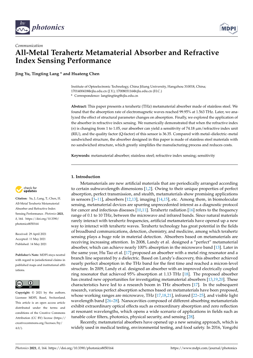 All-Metal Terahertz Metamaterial Absorber and Refractive Index Sensing Performance