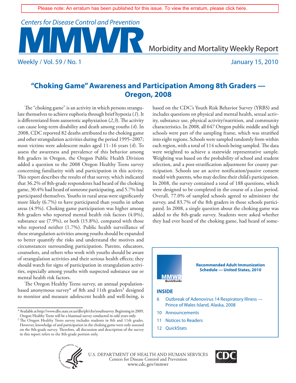 Choking Game” Awareness and Participation Among 8Th Graders — Oregon, 2008