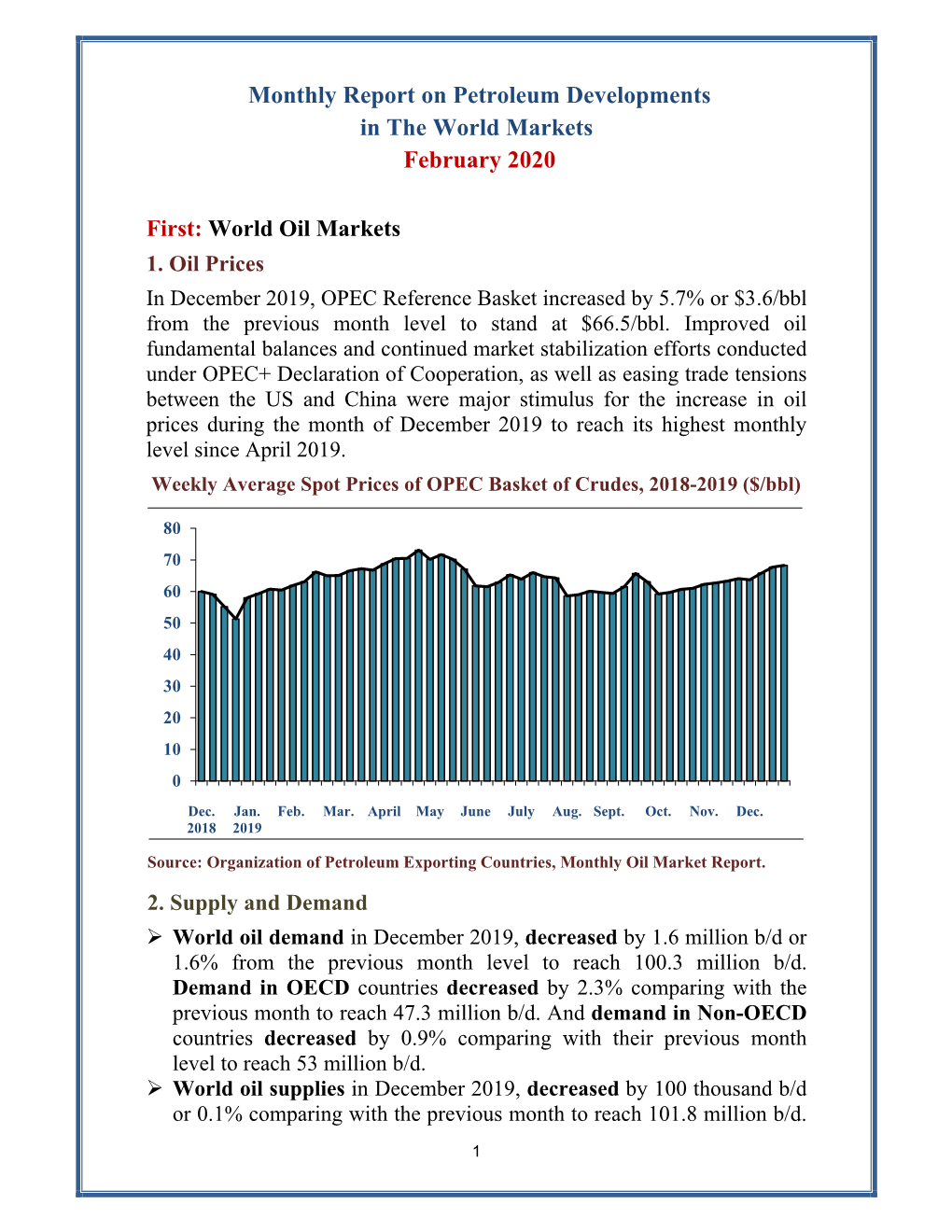 Monthly Report on Petroleum Developments in the World Markets February 2020