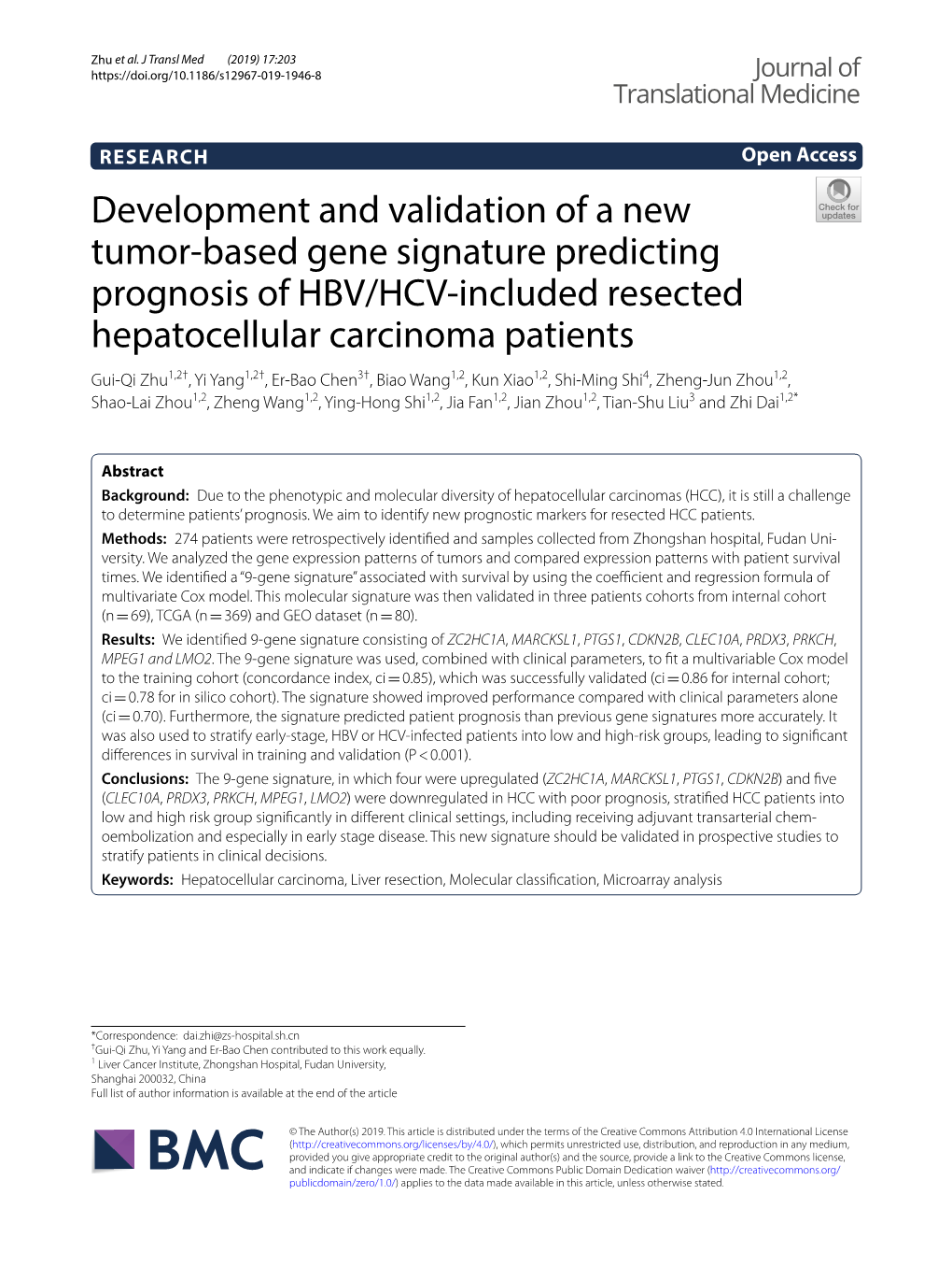 Development and Validation of a New Tumor-Based Gene Signature