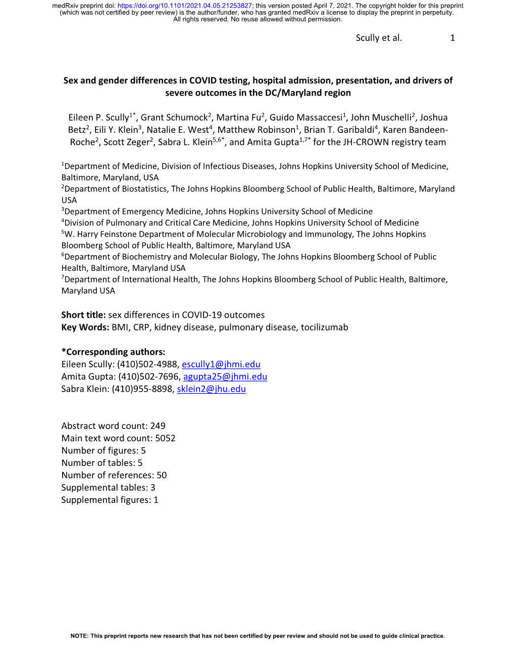 Sex and Gender Differences in COVID Testing, Hospital Admission, Presentation, and Drivers of Severe Outcomes in the DC/Maryland Region