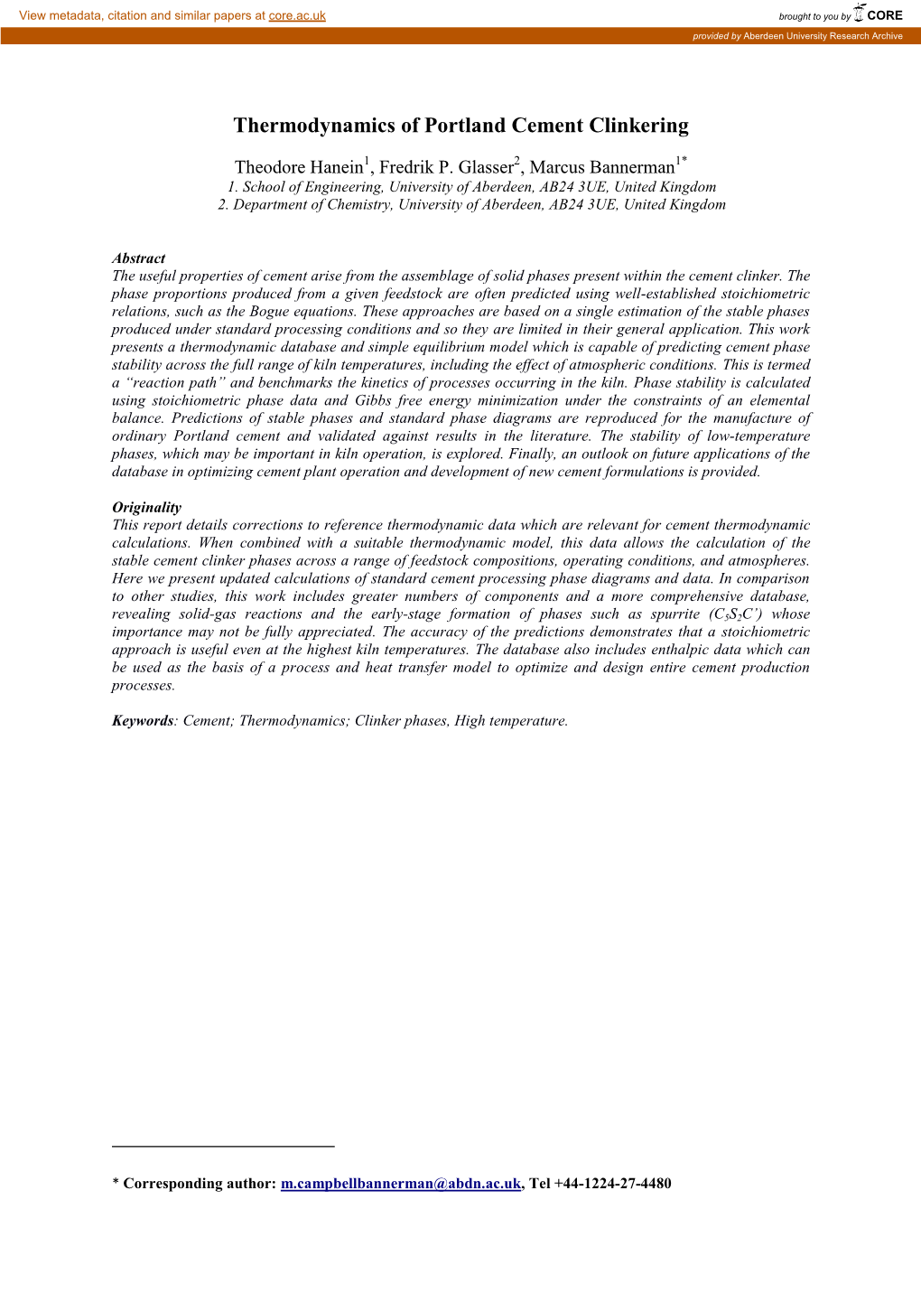 Thermodynamics of Portland Cement Clinkering