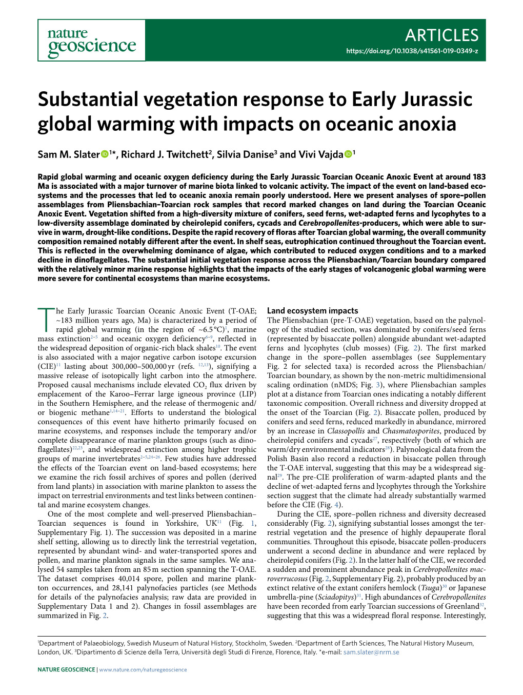 Substantial Vegetation Response to Early Jurassic Global Warming with Impacts on Oceanic Anoxia