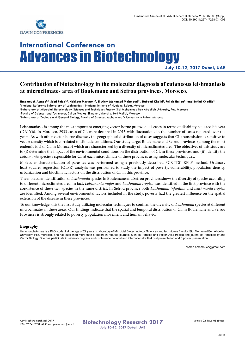 Advances in Biotechnology July 10-12, 2017 Dubai, UAE