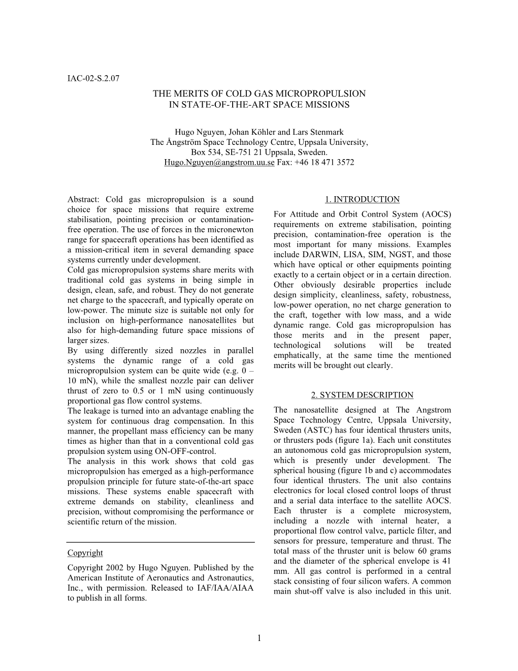 1 the Merits of Cold Gas Micropropulsion in State-Of