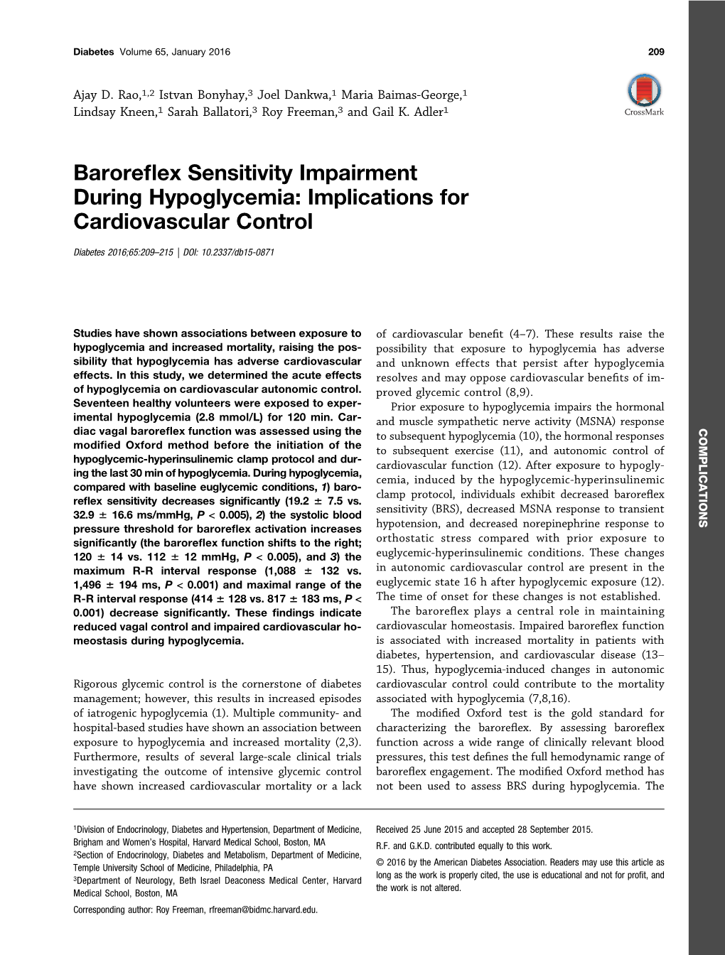 Baroreflex Sensitivity Impairment During Hypoglycemia