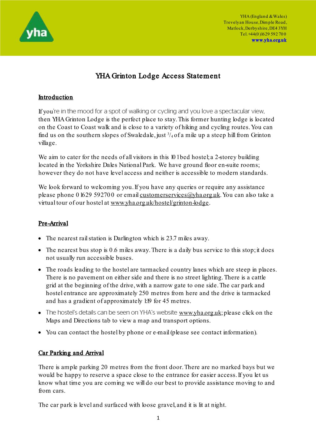 YHA Grinton Lodge Access Statement