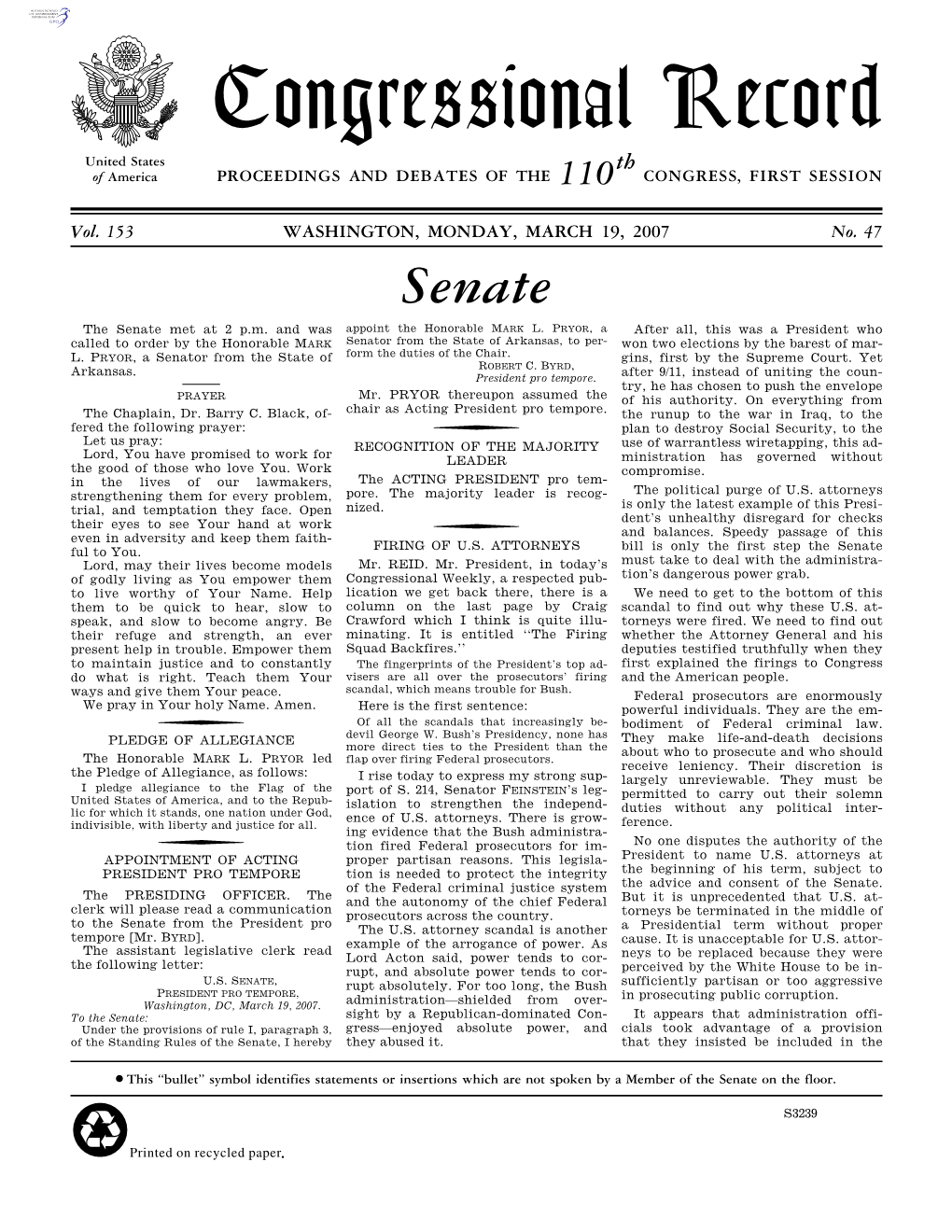 Congressional Record United States Th of America PROCEEDINGS and DEBATES of the 110 CONGRESS, FIRST SESSION