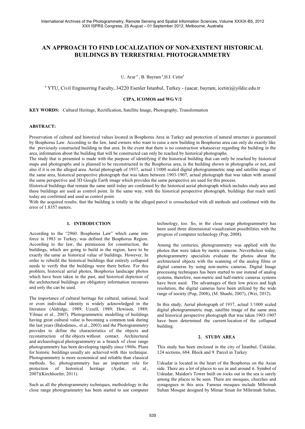 An Approach to Find Localization of Non-Existent Historical Buildings by Terrestrial Photogrammetry