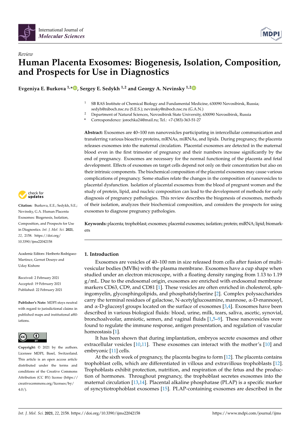 Human Placenta Exosomes: Biogenesis, Isolation, Composition, and Prospects for Use in Diagnostics