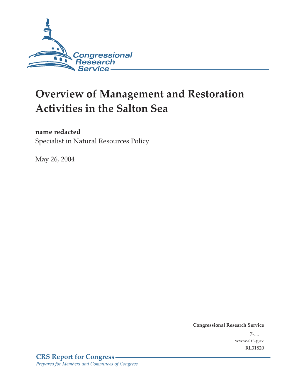 Overview of Management and Restoration Activities in the Salton Sea Name Redacted Specialist in Natural Resources Policy