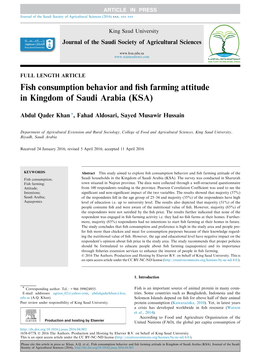 Fish Consumption Behavior and Fish Farming Attitude in Kingdom Of