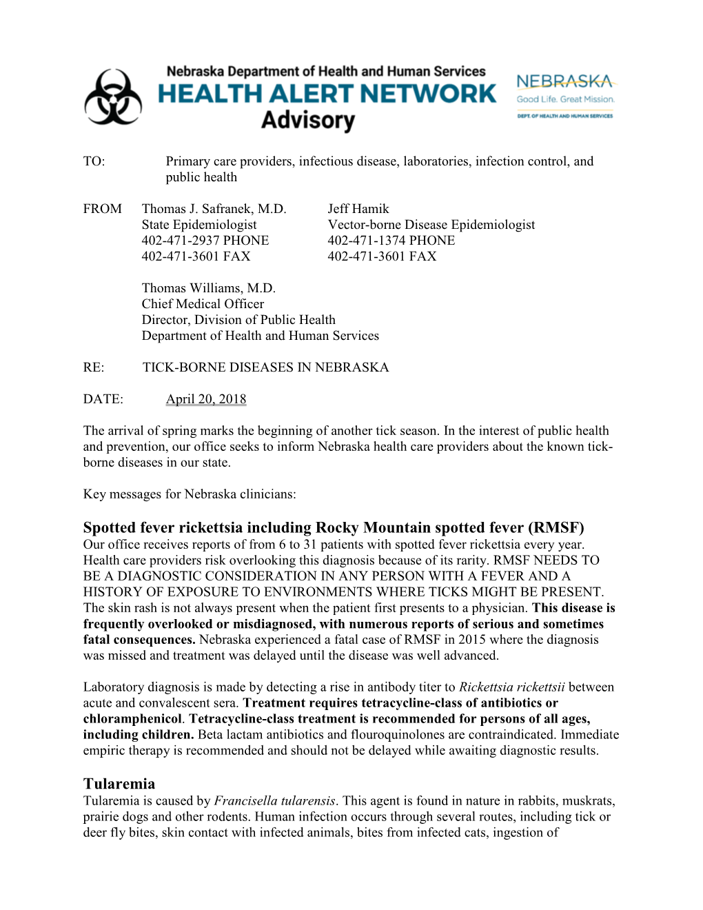 Tick Borne Diseases Nebraska 2018 HAN FINAL DRAFT APRIL 19 2018