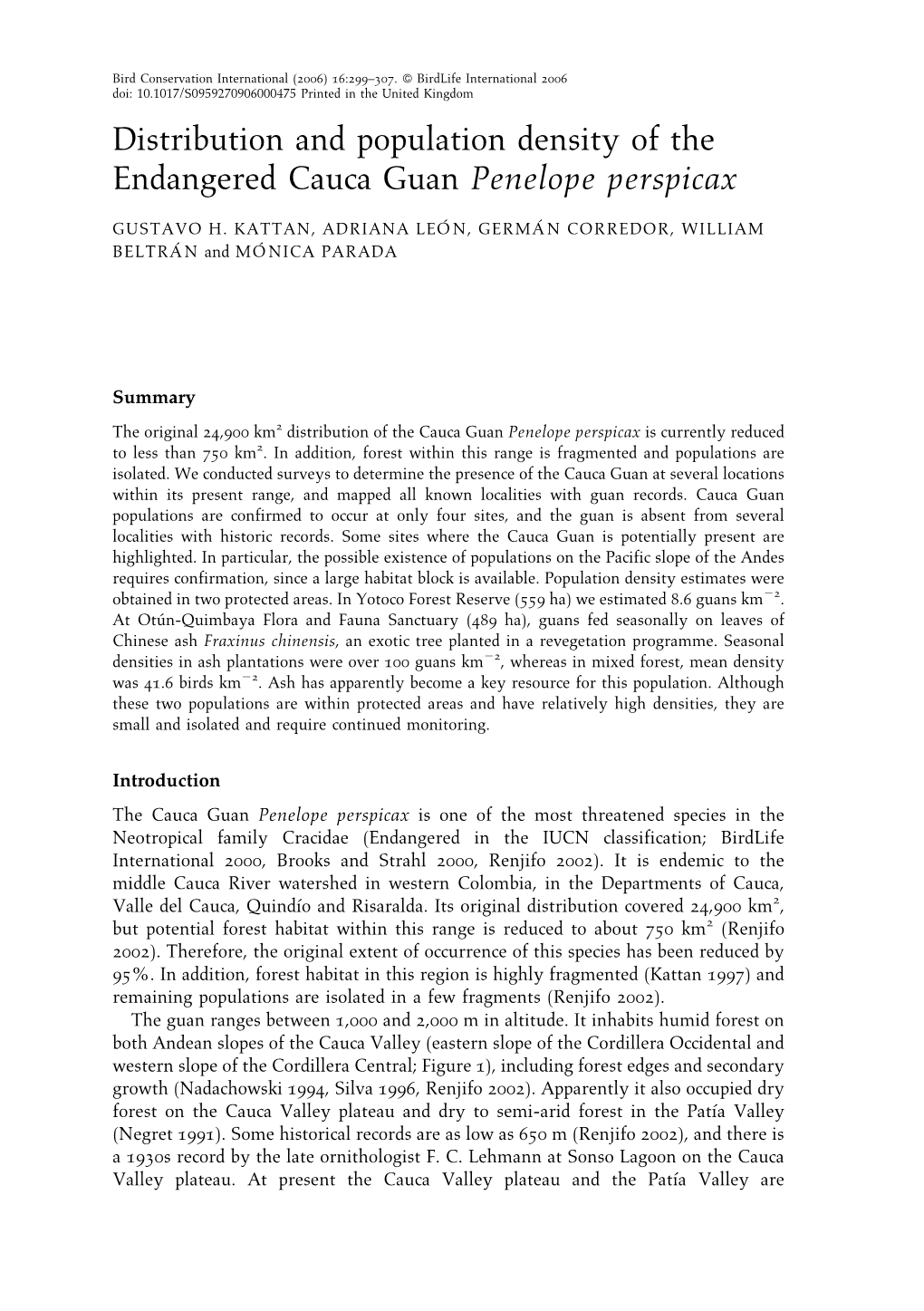 Distribution and Population Density of the Endangered Cauca Guan Penelope Perspicax