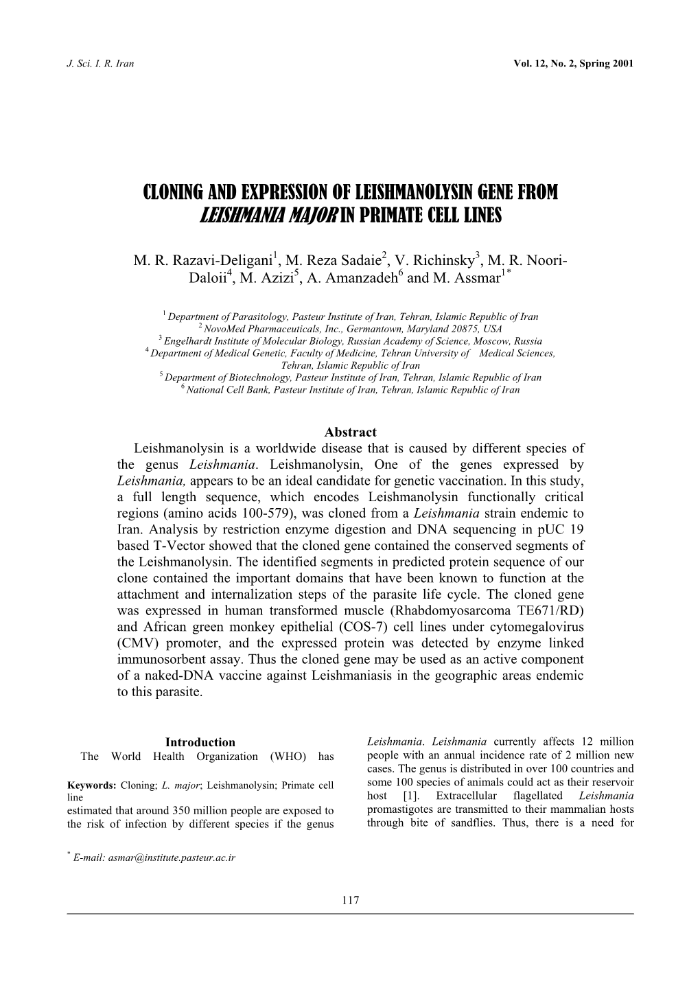 Cloning and Expression of Leishmanolysin Gene from Leishmania Major in Primate Cell Lines