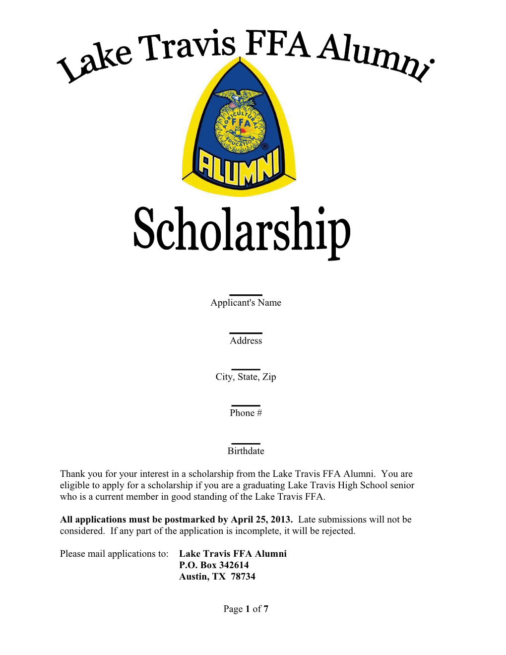 Please Mail Applications To: Lake Travis FFA Alumni