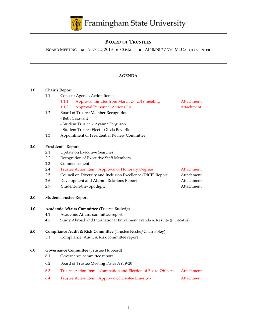 Board of Trustees Board Meeting May 22, 2019 6:30 P.M