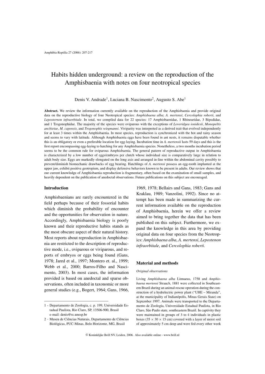 A Review on the Reproduction of the Amphisbaenia with Notes on Four Neotropical Species