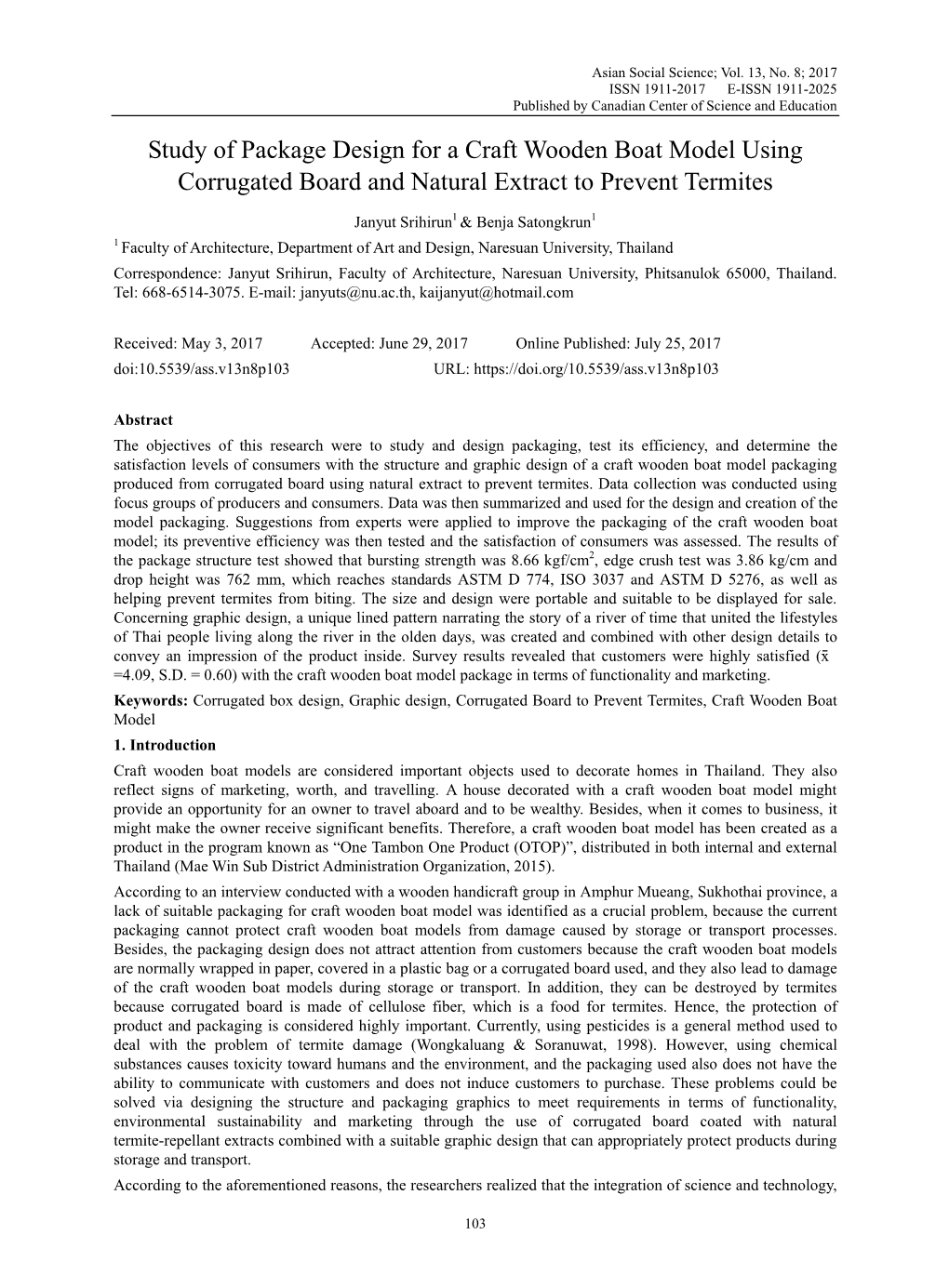 Study of Package Design for a Craft Wooden Boat Model Using Corrugated Board and Natural Extract to Prevent Termites